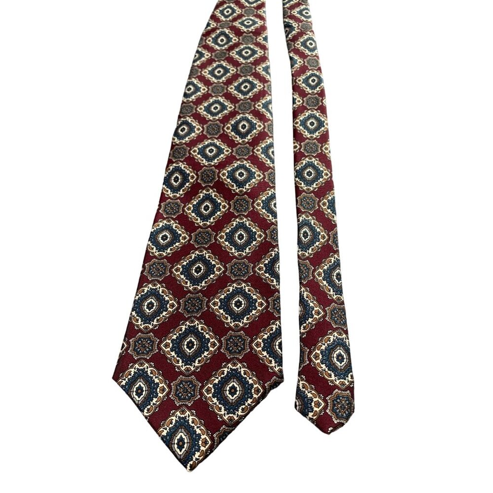 Boston Harbor Geo Pattern Burgendy Green Gold Silk Necktie Tie